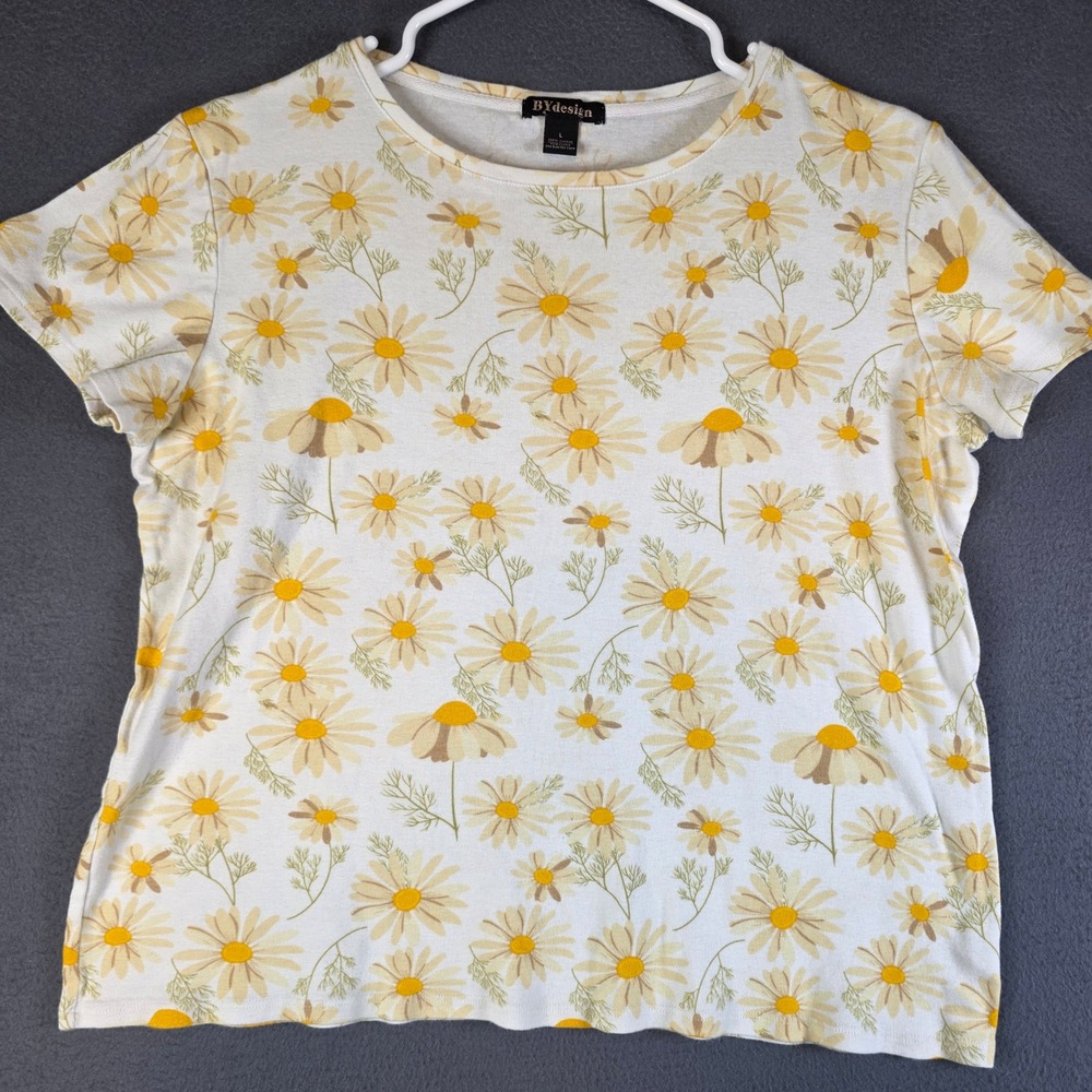 BYdesign T-Shirt Women Large White Daisy Floral Short Sleeve Cotton Tee